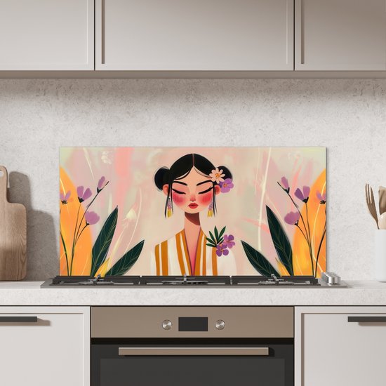 Spatscherm keuken 80x40 cm - Kookplaat achterwand Vrouw - Bloemen - Pastel - Muurbeschermer - Spatwand fornuis - Hoogwaardig aluminium