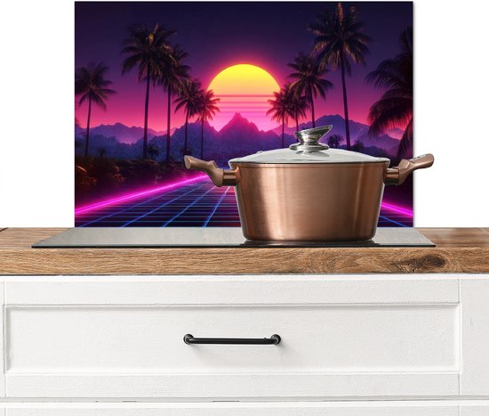 Spatscherm keuken 60x40 cm - Kookplaat achterwand Horizon - Palmbomen - Bergen - Geel - Muurbeschermer - Spatwand fornuis - Hoogwaardig aluminium