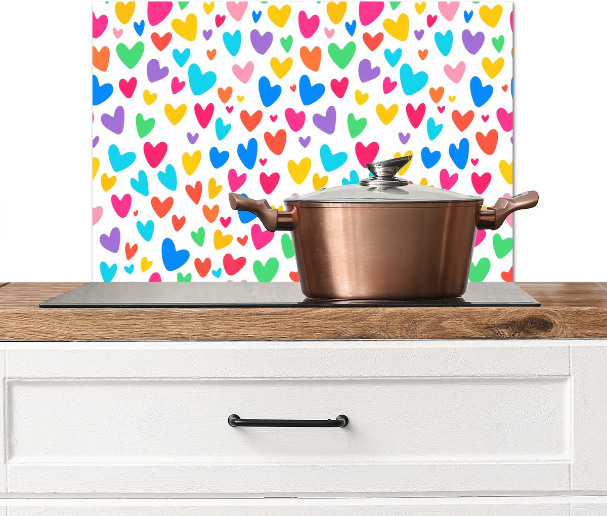 Spatscherm keuken 60x40 cm - Kookplaat achterwand Hartjes - Kleurrijk - Patroon - Levendig - Muurbeschermer - Spatwand fornuis - Hoogwaardig aluminium