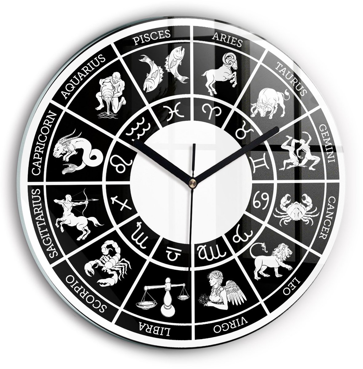Wallfluent Wandklok - Zodiacaal Decoratieve Wandklok - 30 cm x 30 cm - Zwart Wandklok - Zwarte Handen - Wandklok zonder cijfers - Stille Wandklok Slaapkamer - Klok met Print - Kunstzinnige Klok - Klok met Print