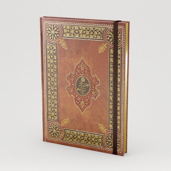 Bruin schrift met gouden en rode versieringen op de kaft, elastische sluiting.