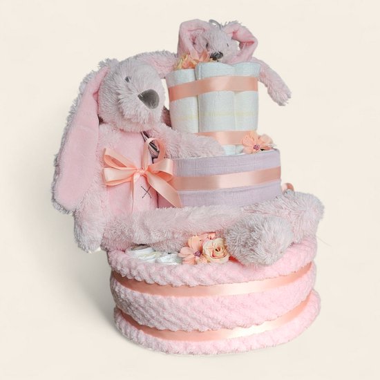 Luiertaart 3 laags roze met Rabbit Richie - Perfect Kraamcadeau van BamBam — afbeelding 2