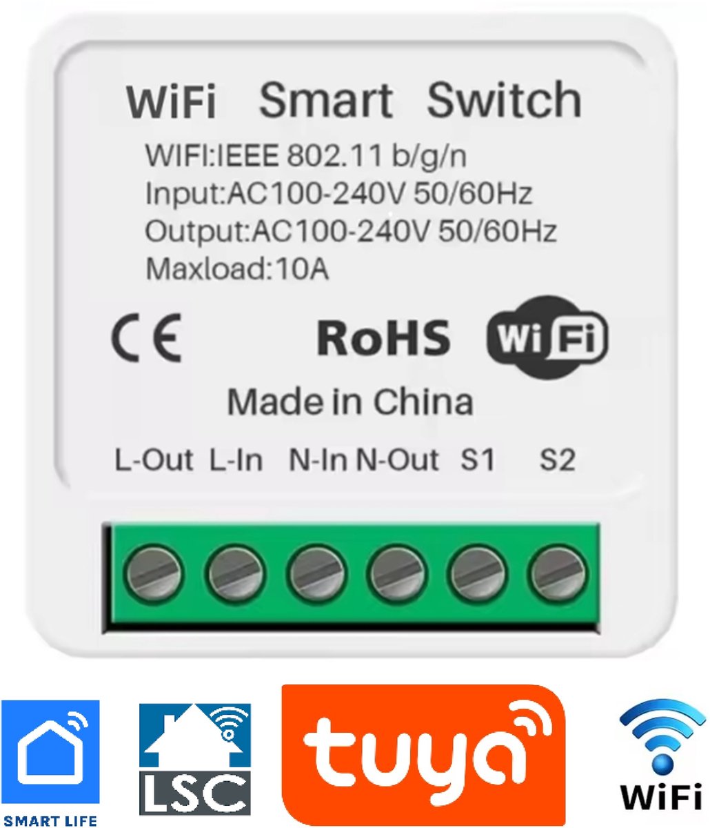 Mini WiFi Smart Switch – Slimme Aan/Uit Schakelaar 16A – Externe Schakelaar & Hotelschakeling – Compatibel met Alexa, Google Assistant, Tuya, Smart Life & LSC Smart Connect (Action)