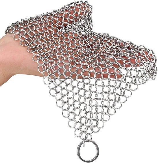 Schuurspons voor gietijzeren pan, bbq of pizzaoven - duurzaam alternatief voor schuursponsjes en barbecue borstel - chainmail scrubber / malienkolder staalspons