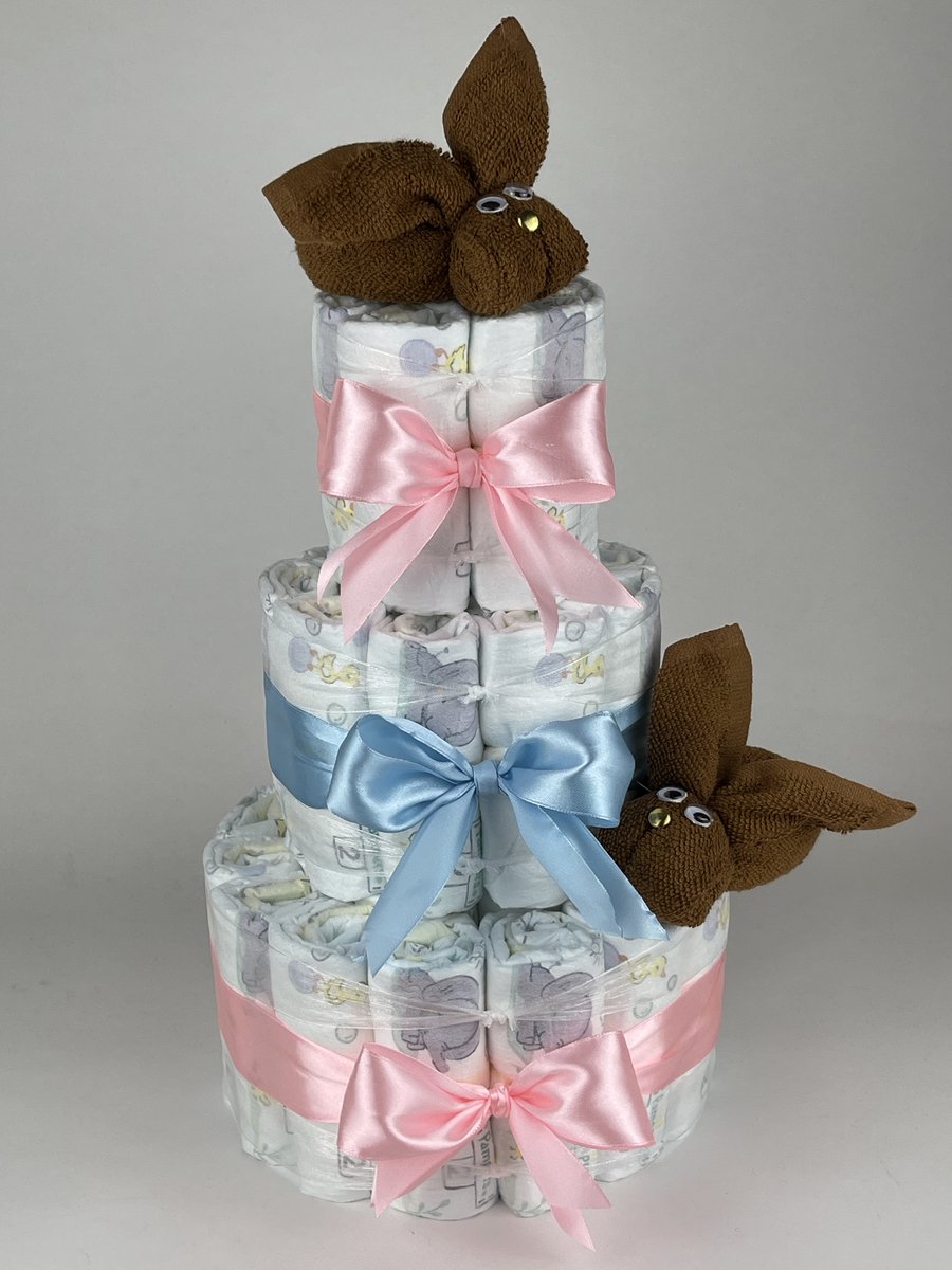Chouette-Chouette | Luiertaart Neutraal | Kraamcadeau | Geboorte Jongen Meisje | Babyshower | Konijnen clay Bruin - Roze - Blauw