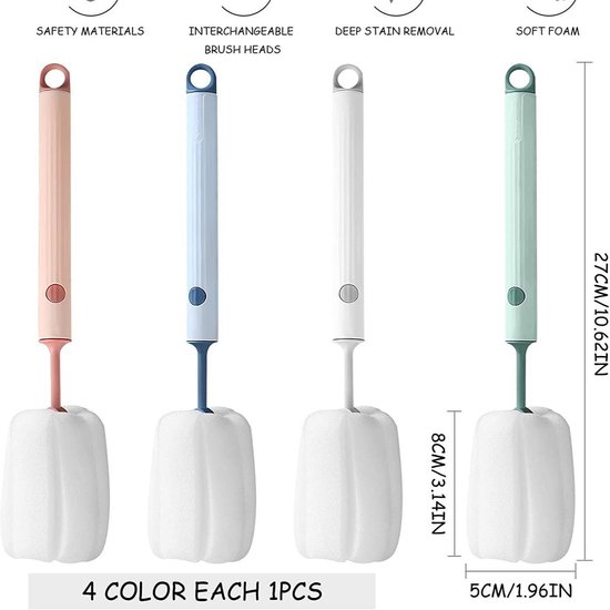Flessenborstel set - 4 Stuks - Flessenreiniger - Babyfles borstel - Roterend - Schoonmaak set - Babyflessen Reinigen - zuigeling - Blauw - Groen - Roze - Wit — afbeelding 3