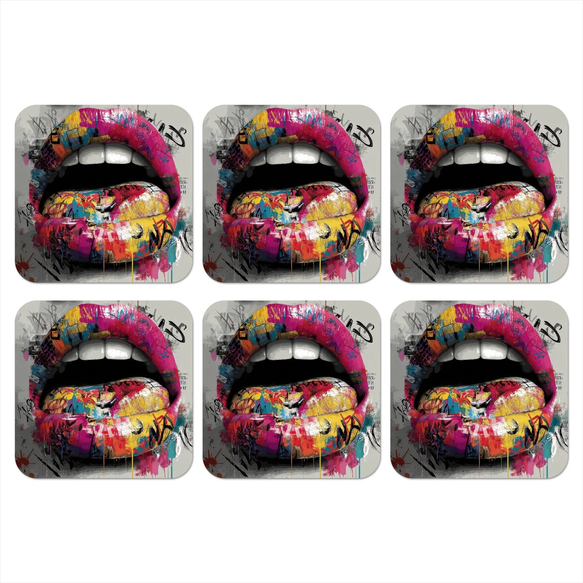 Onderzetters voor glazen - Lippen - Graffiti - Expressief - 10x10 cm - Glasonderzetters - 6 stuks