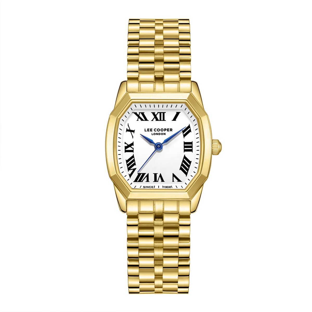 Lee Cooper LC08201.130 - Horloge - Polshorloge - Analoog - Dames - Vrouwen - Stalen band - Metaal - Achthoek - Strepen - Romeinse cijfers - Goudkleurig - Wit - Zwart - Donkerblauw