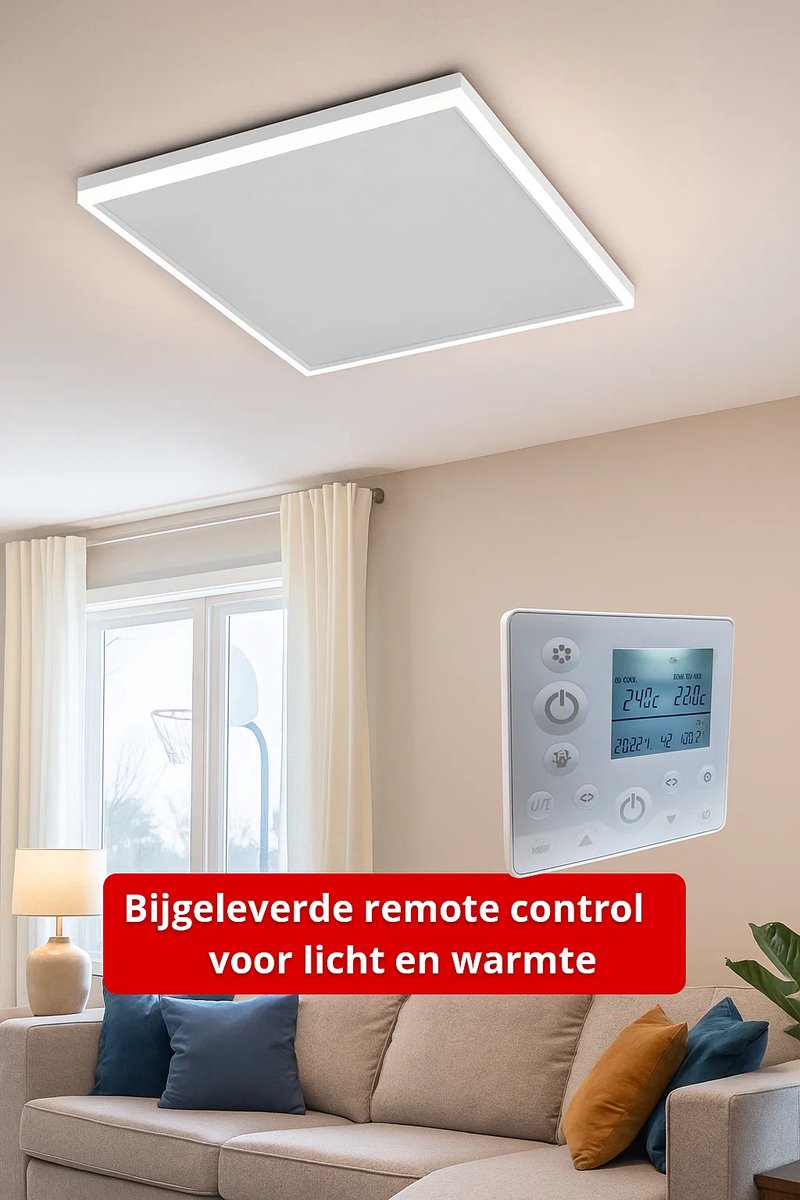 Infrarood paneel wit met led verlichting 70 x 70 cm 420Watt Infrarood Verwarming - Dimbaar en met thermostaat - Met Stekker - Quality Heating