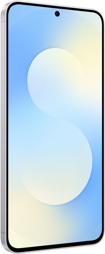 Zilverkleurige smartphone met een scherm dat een geleidelijke overgang van blauw naar geel toont.
