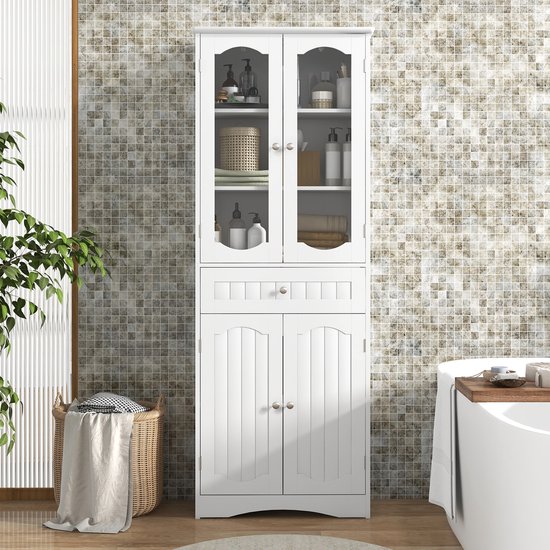 COSTWAY Badkamerkast, hoge badkamerkast met 4 deuren, lade en verstelbare plank, opbergkast voor woonkamer, badkamer, keuken, 60 x 30 x 160 cm (wit)