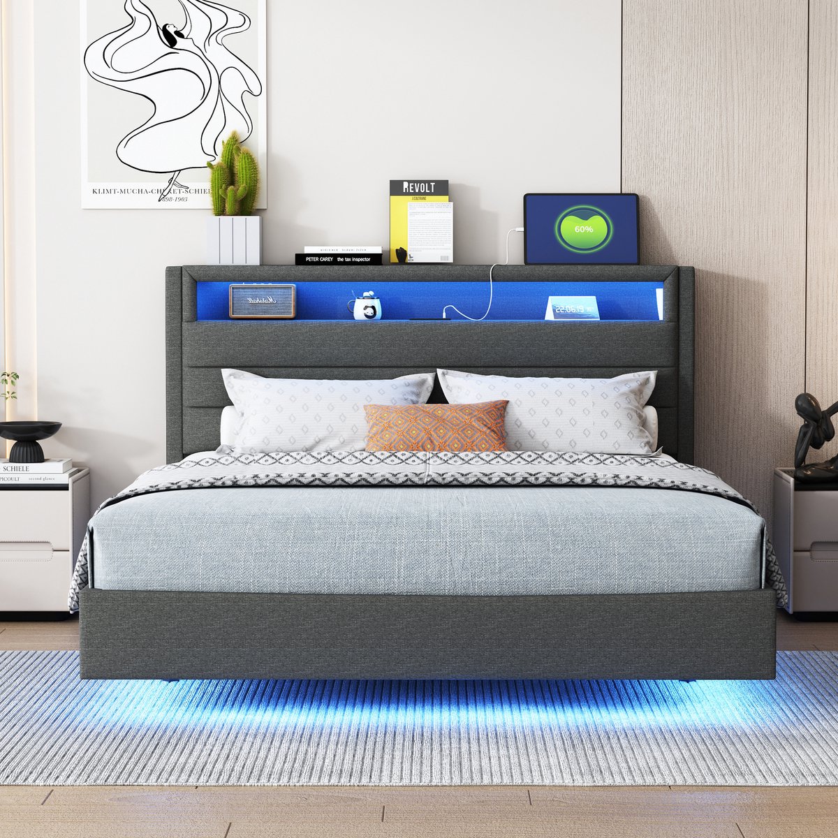 Merax Gestoffeerd bed 140x200 cm met USB-aansluiting en LED-verlichting - dubbelzijdig hoofdeinde - verborgen voeteneinde - grijs - zonder matras