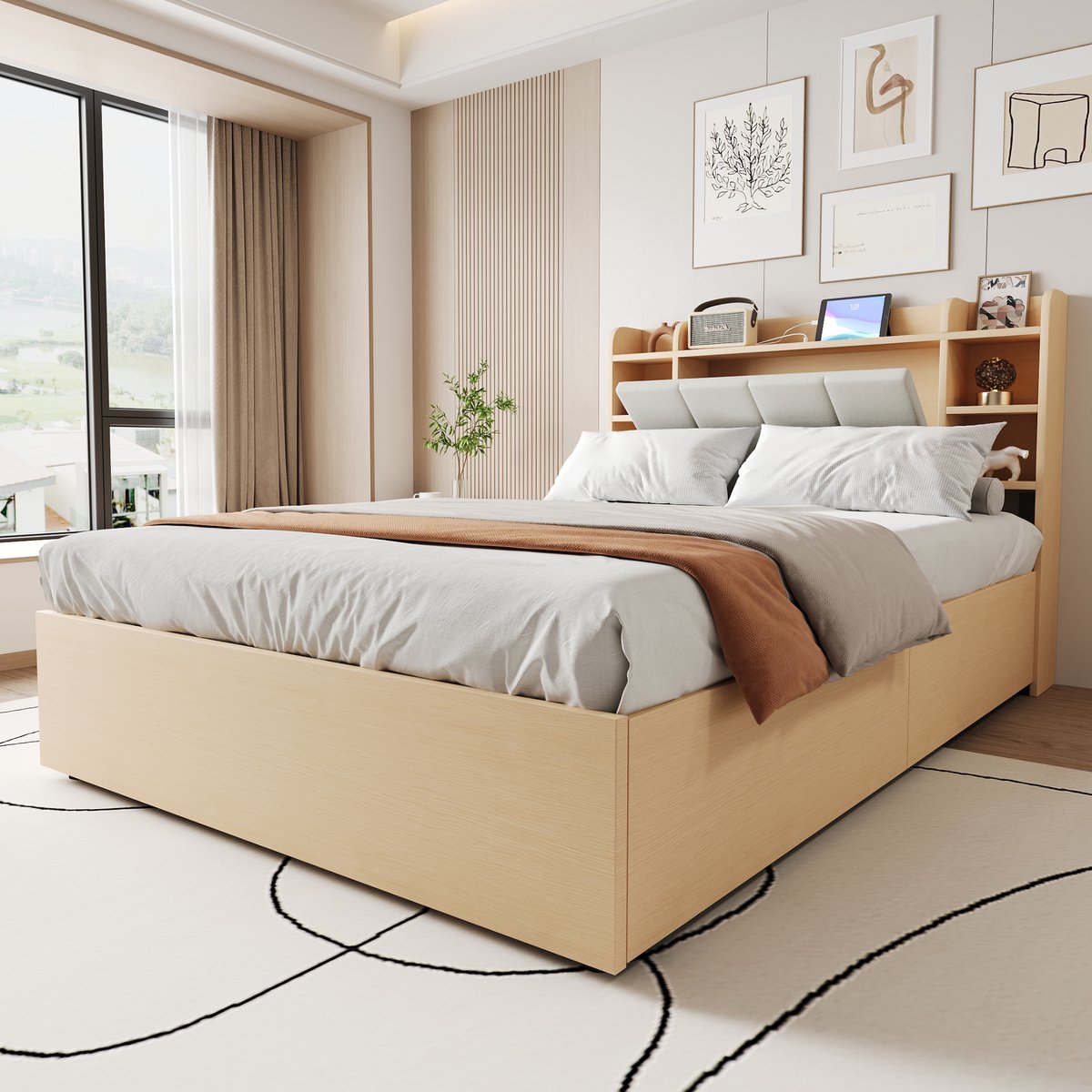 Houten bed - afmeting 140 x 200 cm - met opbergruimte - met USB-poort en Tape-C-aansluiting - tweepersoonsbed - Houtkleur - zonder matras