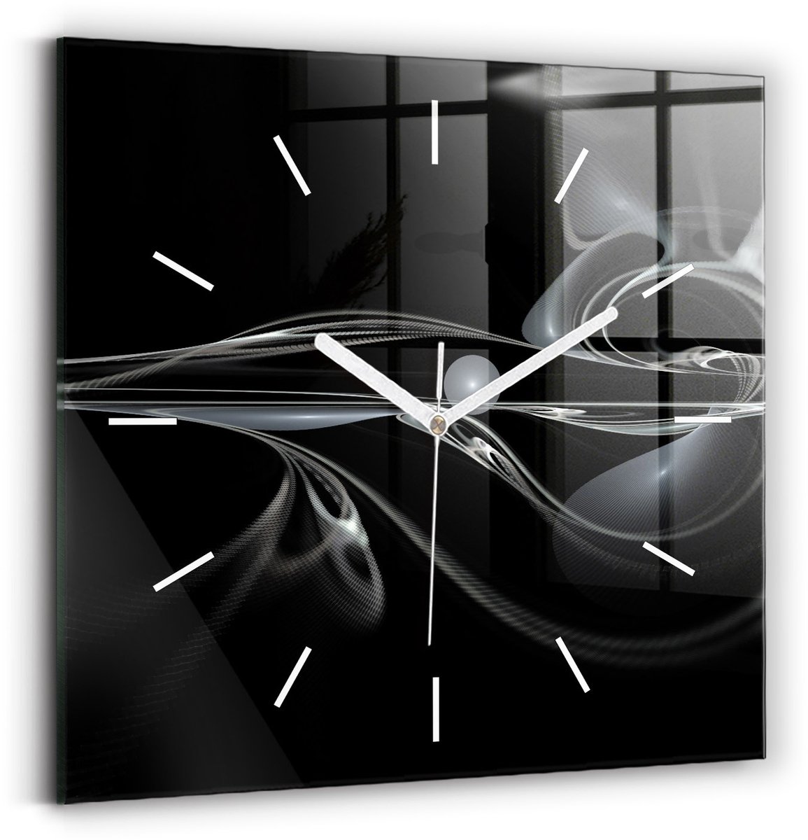 Wallfluent Wandklok - Abstracte rook Klok met Afbeelding - 30 cm x 30 cm - Zwart Wandklok - Witte Handen - Wandklok Zonder Cijfers - Wandklok voor in de Keuken - Vierkante Glazen Wandklok - Industrieel Wandklok - Unieke Wandklok