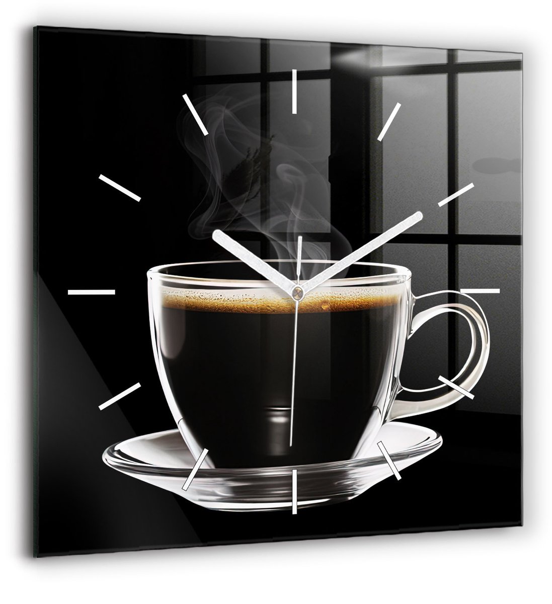 Wallfluent Wandklok - Zwarte koffie Klok met Afbeelding - 60 cm x 60 cm - Zwart Wandklok - Witte Handen - Wandklok Zonder Cijfers - Wandklok voor in de Keuken - Vierkante Glazen Wandklok - Industrieel Wandklok - Unieke Wandklok