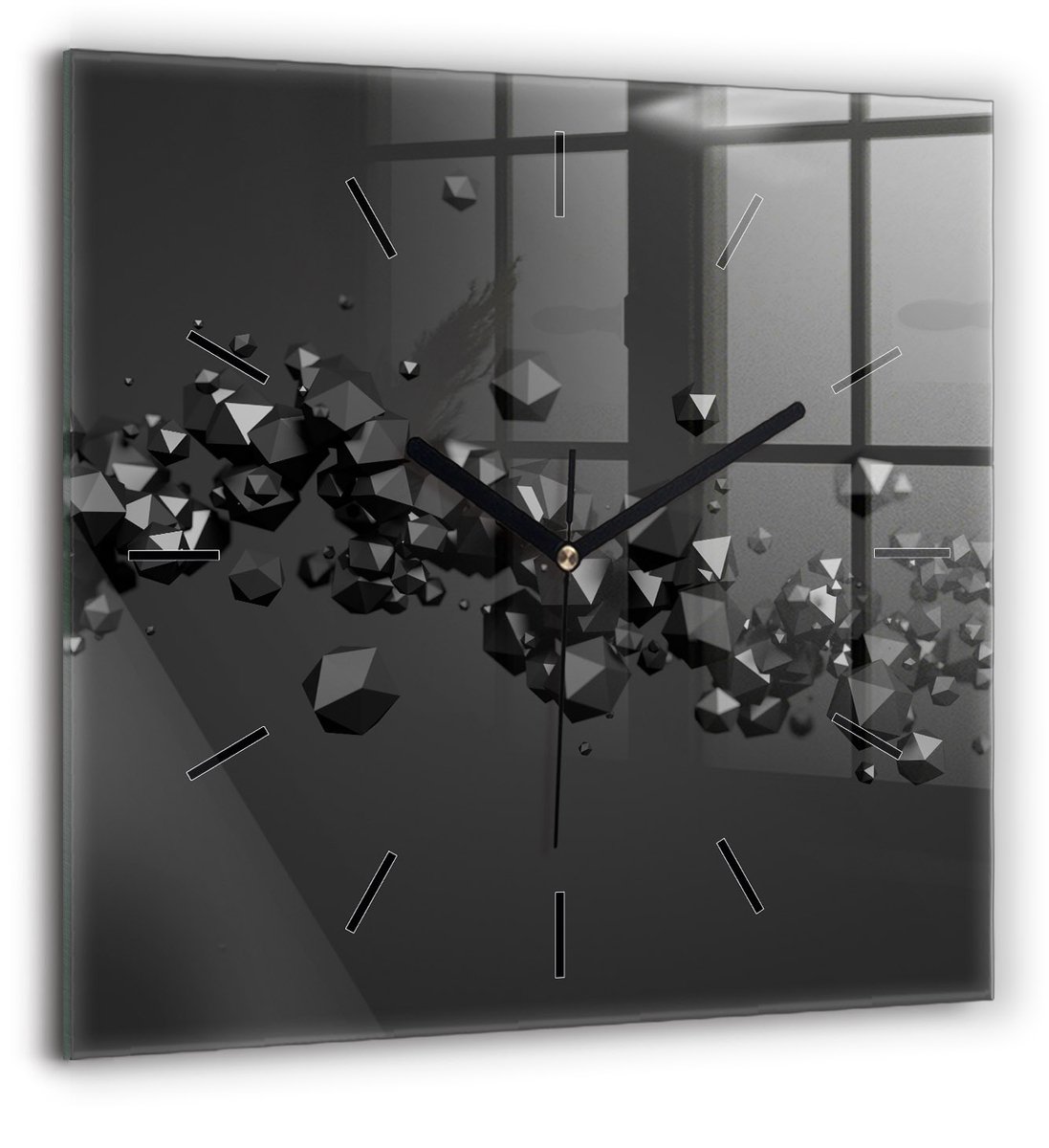 Wallfluent Wandklok - Zwarte abstractie Klok met Print - 60 cm x 60 cm - Zwart Wandklok - Zwarte Handen - Wandklok Zonder Cijfers - Stille Wandklok Slaapkamer - Vierkante Glas Klok - Minimalistisch Wandklok - Klok met Afbeelding