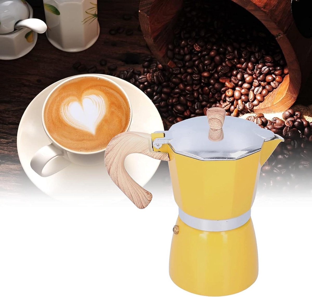 Brenzoos - Espresso Kookplaat voor Gasfornuis - 300ML - Klassieke Italiaanse Stijl - Geel - Inclusief 6 Espressokopjes