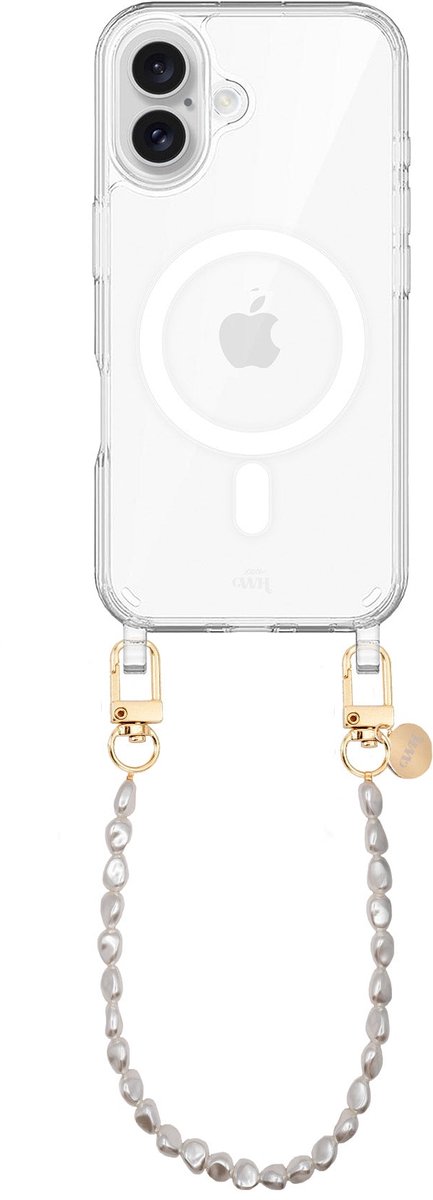 xoxo Wildhearts magnetisch hoesje geschikt voor iPhone 16 MagSafe - Pearlfection - Transparant telefoonhoesje met koord - Telefoonkoord met parels - Parelketting - Kort koord