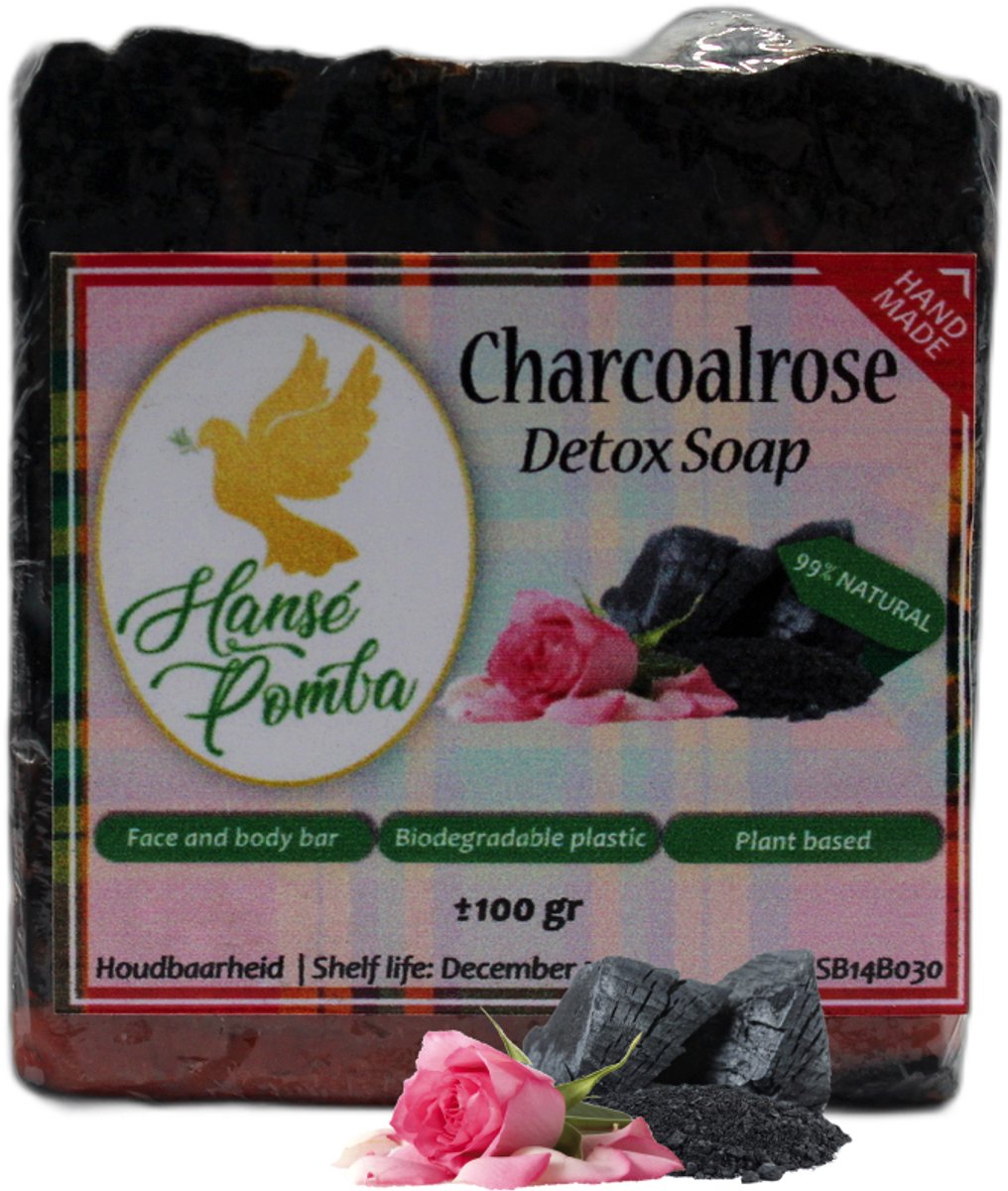 Hansé Pomba - Charcoalrose Detox Soap - Zeep - 99% natuurlijk - Houtskool - Roze klei - Suriname