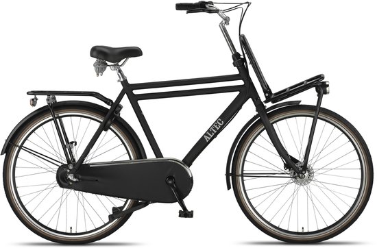 Matzwarte heren transportfiets van Altec, 28 inch, van opzij gezien met voorrek.