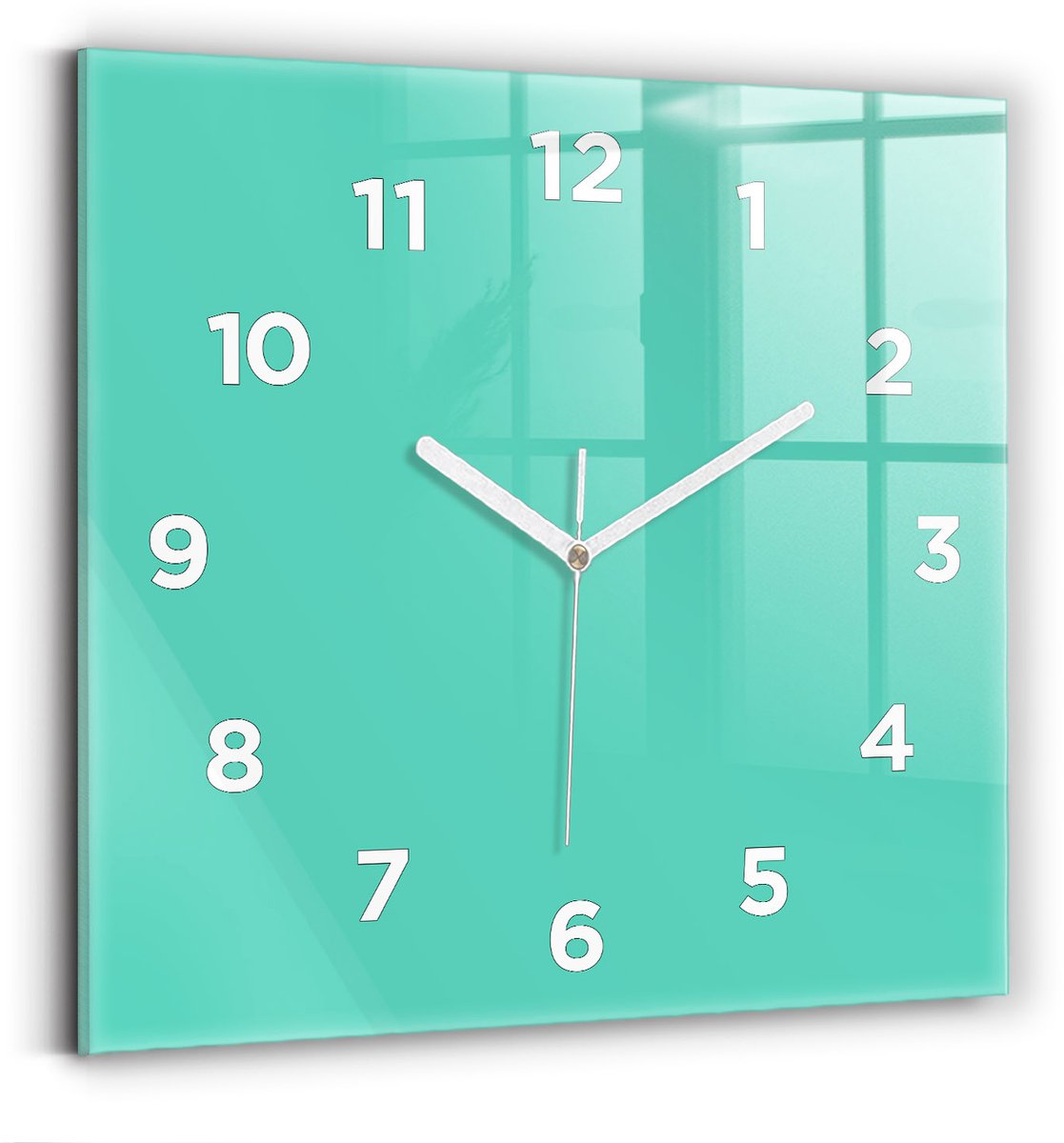 Wallfluent Wandklok - Turkoois Vierkante Glazen Wandklok - 30 cm x 30 cm - Turkoois Wandklok - Witte Handen - Wandklok Met Cijfers - Wandklok Glas Woonkamer - Vierkante Glas Klok - Scandinavisch Wandklok - Vierkante Glazen Klok