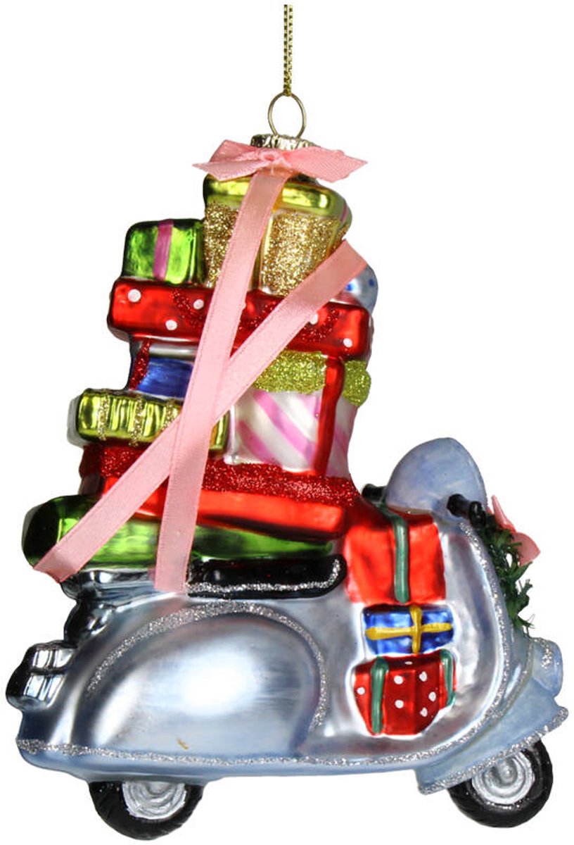 HD Collection Glazen kerstornament kerst hanger Scooter met cadeautjes 13 cm