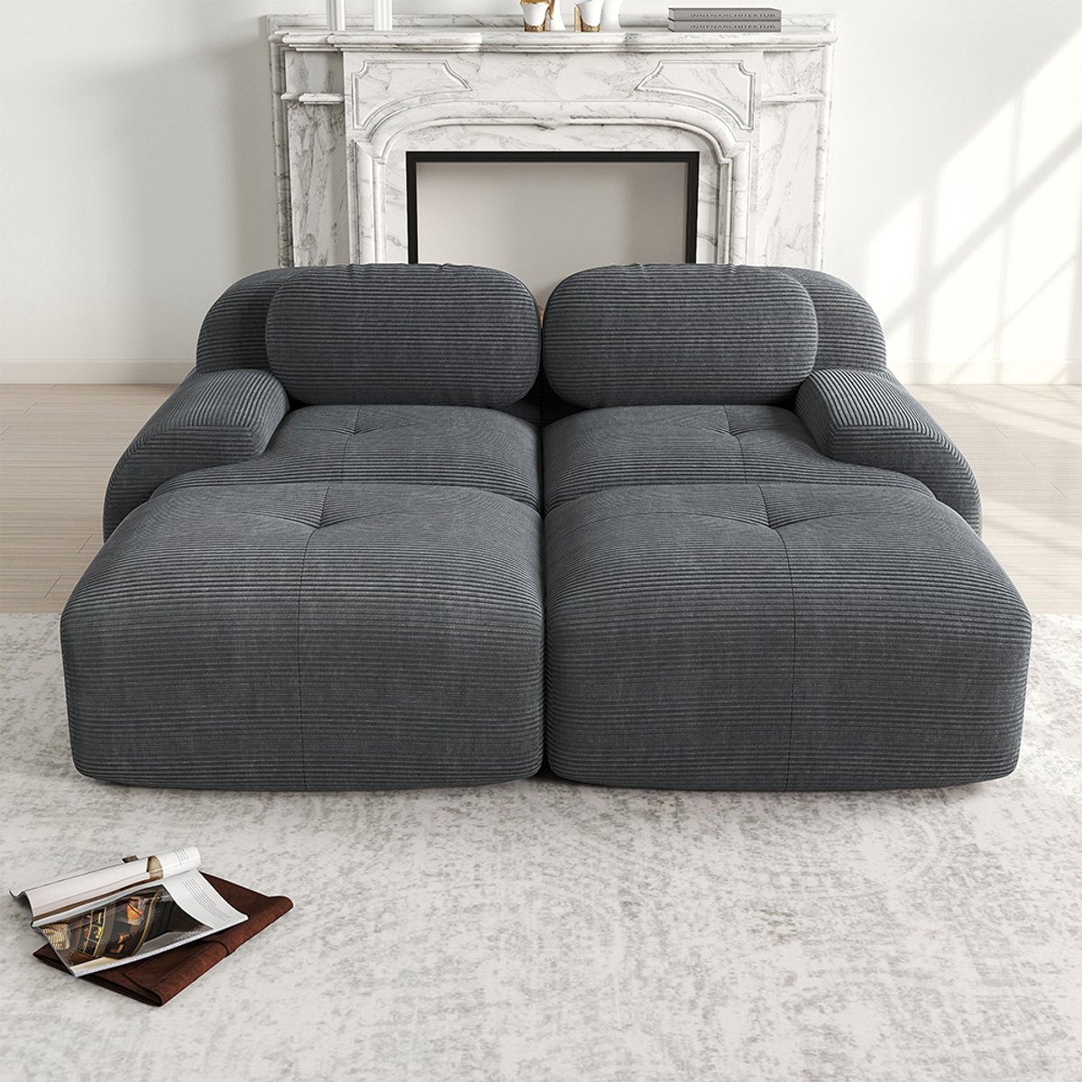 Pugsdrly 2-zitsbank van corduroy, modulair te combineren met een chaise longue, antislip, ergonomische armleuningen en hoogelastische vulling voor de woonkamer en slaapkamer, grijs