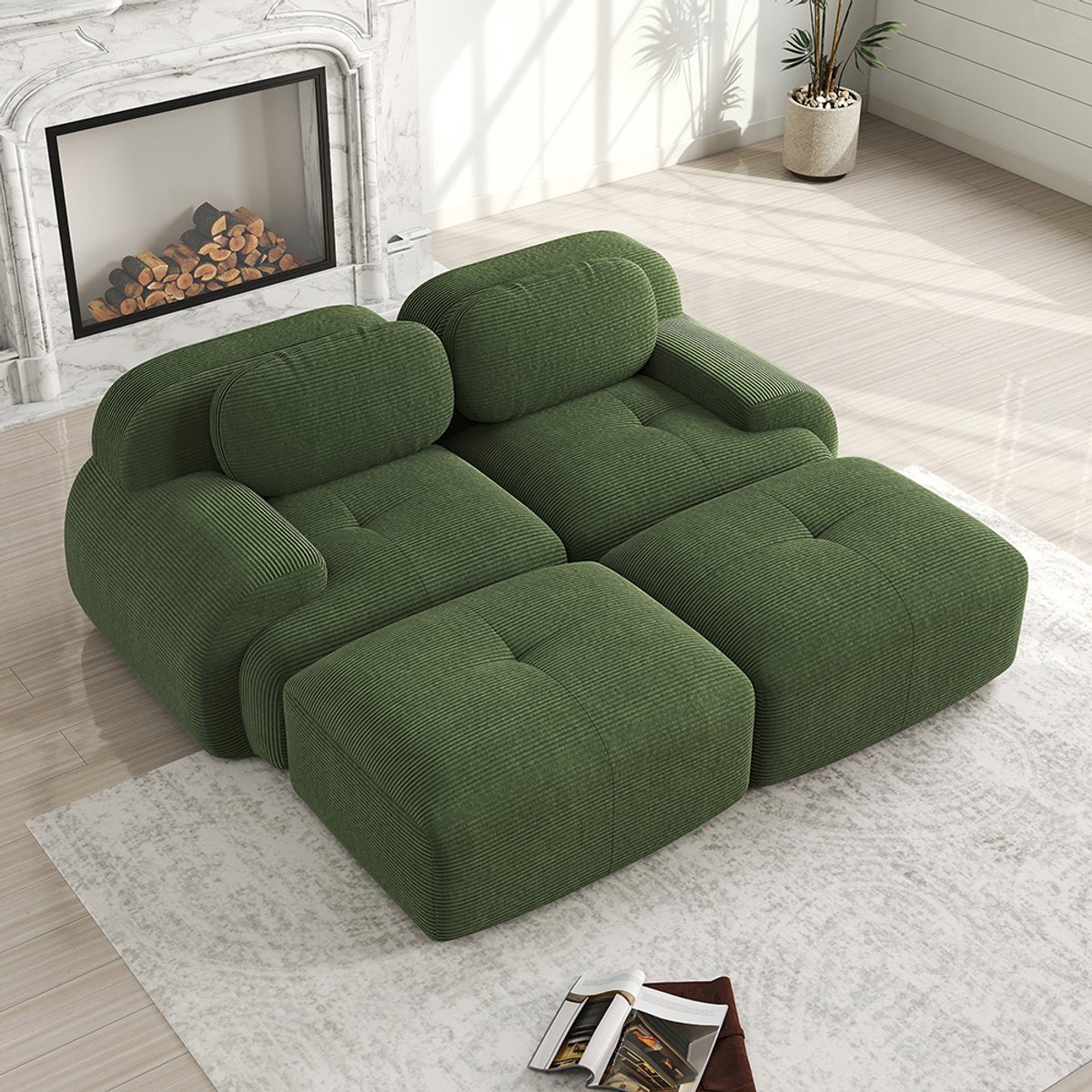 Pugsdrly 2-zitsbank van corduroy, modulair te combineren met een chaise longue, antislip, ergonomische armleuningen en zeer elastische vulling voor woonkamer en slaapkamer, Green