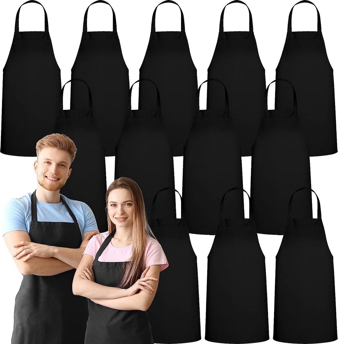 Image of 12-pack schorten met slabbetje – Unisex zwarte schorten, machinewasbare schorten voor mannen en vrouwen, keuken, koken, grillen, bulk (12-pack, zonder zakken, zwart)