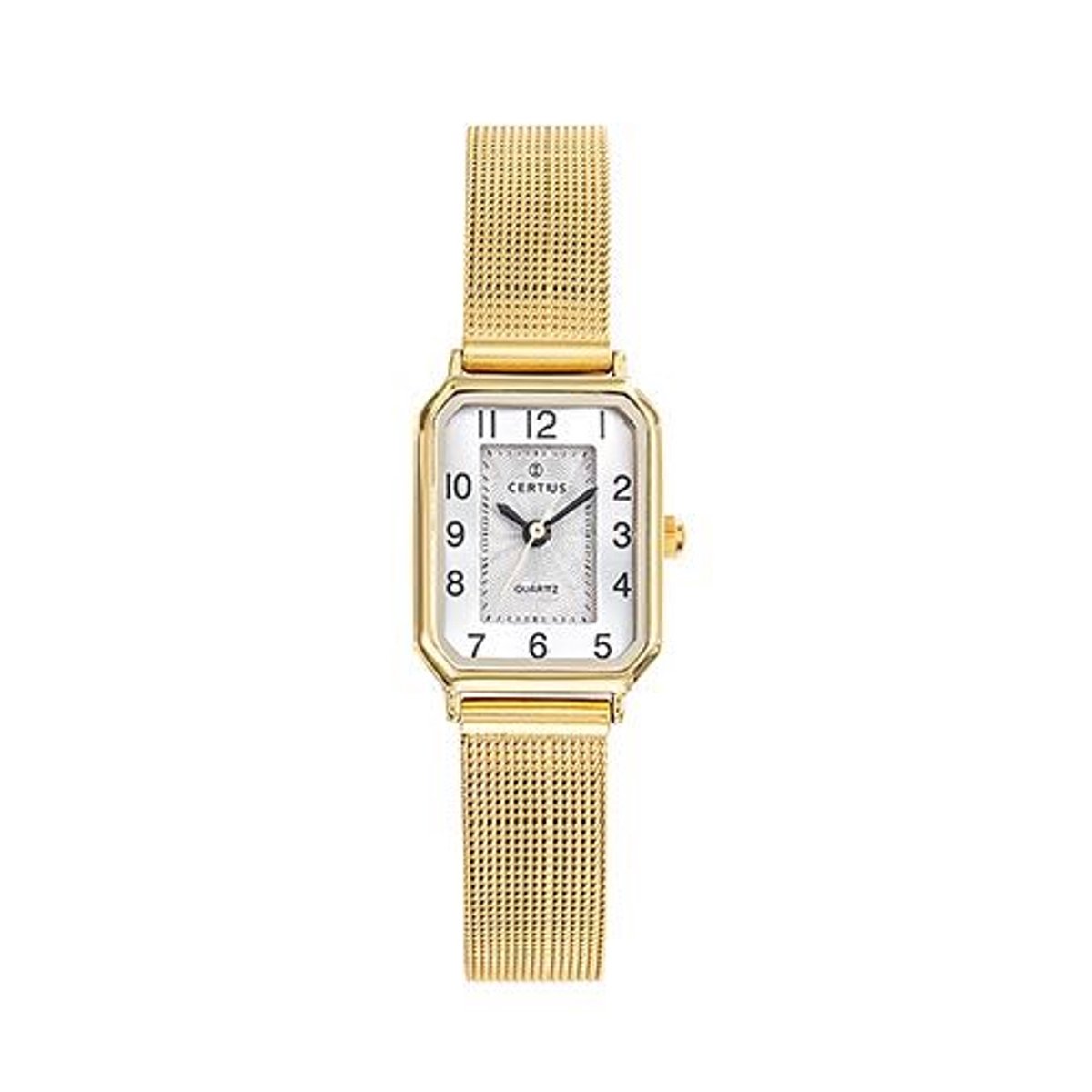 Certus-Dameshorloge-model 630949-rechthoekig 21 x 26 mm-goudkleurig-duidelijke wijzerplaat-5 atm waterdicht-Milanese Band-Verstelbaar