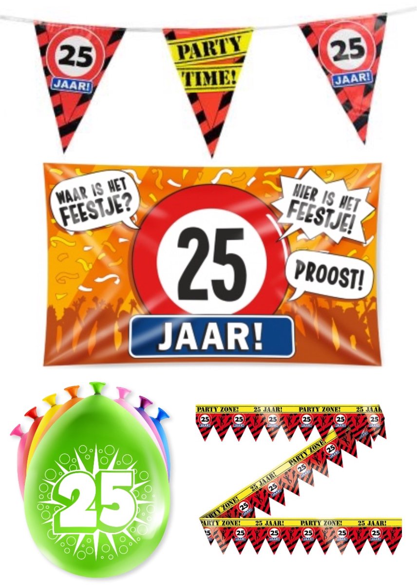 25 jaar versiering pakket - Versiering Verjaardag - Versiering Jaar Verjaardag - Slingers - Gevelvlag- Ballonnen – Afzetlint