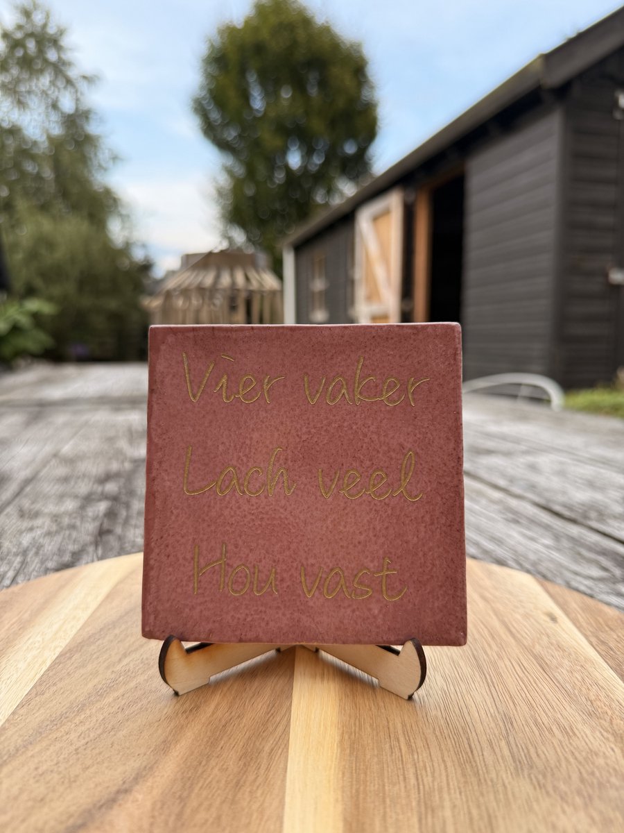Studio - Nihra - Handvorm tegeltje - Roze wand - decoratie tegel roze met Gouden tekst " vier vaker lach veel hou vast"