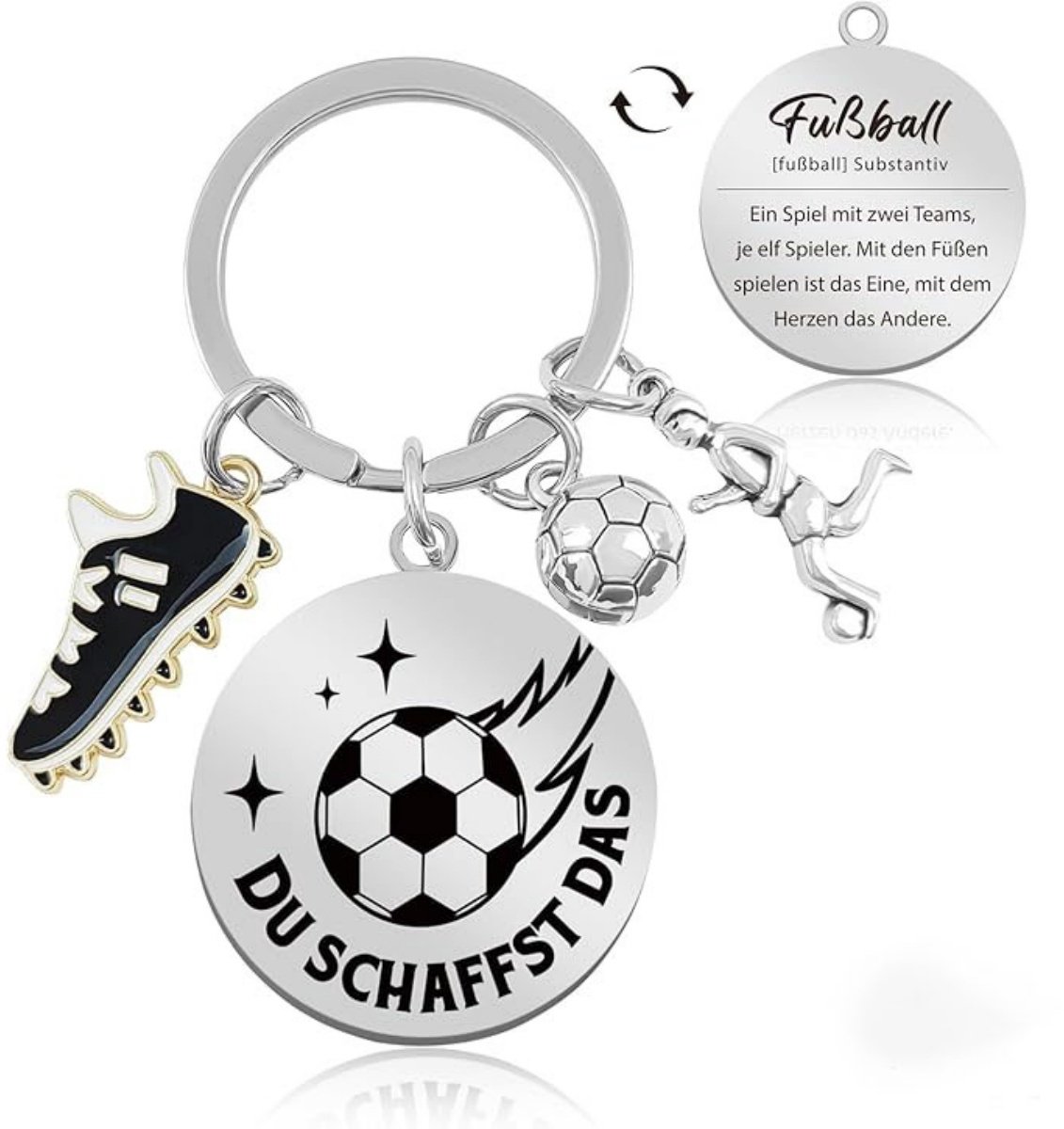 TOVBMUP 1 Stuks Sleutelhanger voor Heren - Voetbalsleutelhanger - Geschenk voor Voetballiefhebbers - Gegraveerde Designs met Voetbalschoen, Speler en Bal - Geschikt voor Jongens van 5 tot 14 Jaar - RVS - Duurzaam en Roestvrij