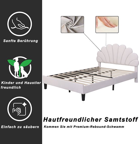 Gestoffeerd eenpersoonsbed voor kinderen - 140 x 200 cm - Hoofdbord met gebogen bloemblaadjes - Fluweel - Beige
