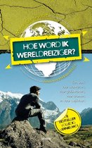 Een boek "Hoe word ik wereldreiziger?" met een man in pak zittend op een rots met berglandschap. De wereldbol is prominent aanwezig.