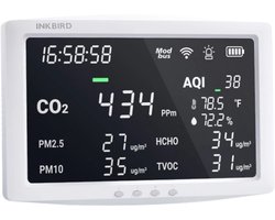 Luchtkwaliteitsmeter Professioneel 8-in-1 – CO2, Fijnstof PM2.5/PM10, TVOC, HCHO, Temperatuur & Luchtvochtigheid – Air Quality Monitor met AQI Index, WiFi & App (Inkbird/Tuya) – Groot Scherm 255x155mm – Wand of Staand