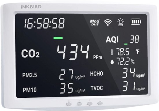 Luchtkwaliteitsmeter Professioneel 8-in-1 – CO2, Fijnstof PM2.5/PM10, TVOC, HCHO, Temperatuur & Luchtvochtigheid – Air Quality Monitor met AQI Index, WiFi & App (Inkbird/Tuya) – Groot Scherm 255x155mm – Wand of Staand