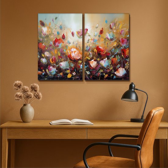 Canvas schilderij set 80x60 cm - Wanddecoratie tweeluik - Bloemen - Abstract - Verflook - Kleurrijk - Muurdecoratie woonkamer - Slaapkamer decoratie - Kamer accessoires - Schilderijen op canvas