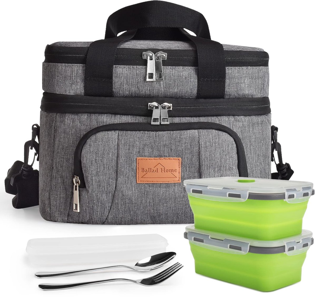 Thermische Koeltas - Herbruikbaar Draagbaar - Voor Lunch en Picknick Inclusief 2 Opvouwbare Brooddozen en Bestekset - Grijs