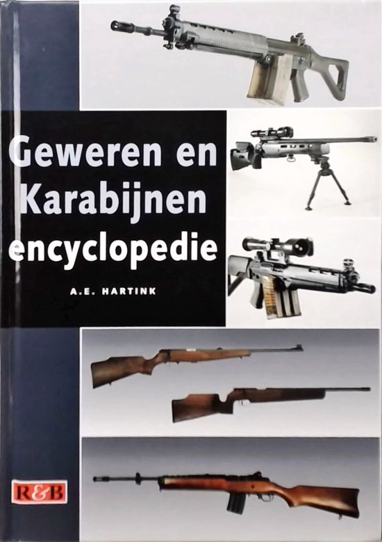 Boek 'Geweren en Karabijnen encyclopedie' met afbeeldingen van diverse vuurwapens.