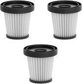 Drie filters met witte plooien en zwart deksel op witte achtergrond.