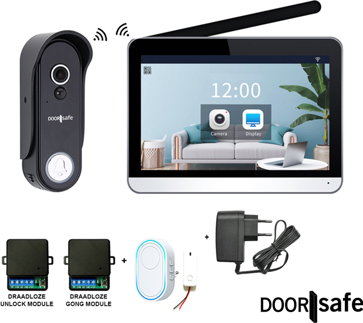 Doorsafe 4652 + draadloze gong | HD draadloze camera deurbel | 7″ touchscherm | Draadloos, langer bereik (868Mhz) | Deurbel op stroom of uitneembare 7000mAh accu | Hoog resolutie beeld | Duplex audio | PIR bewegingssensor | Draadloze unlock | 32Gb - Doorsafe - €283,00