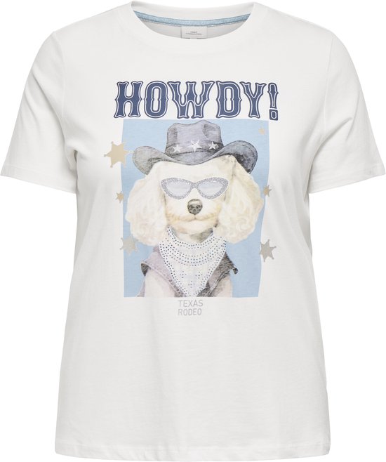 T-shirt blanc avec imprimé d'un chien portant un chapeau de cowboy, des lunettes de soleil et un bandana. Texte : HOWDY! TEXAS RODEO.