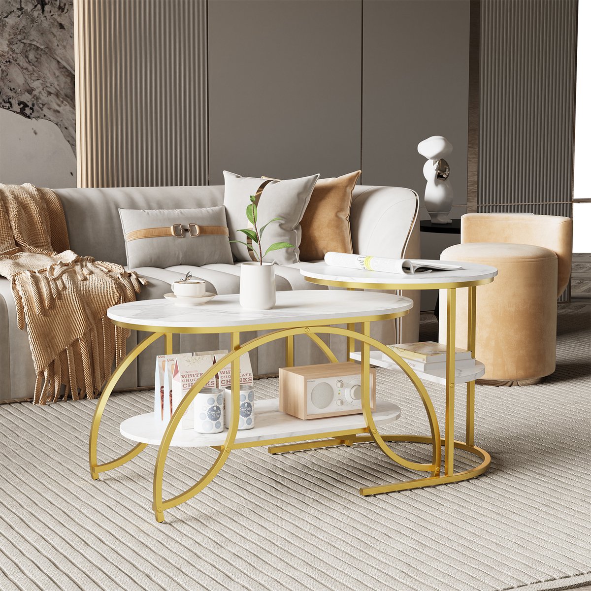 Moderne salontafels, set van twee salontafels met 2-laagse planken, tafelblad met marmerpatroon en stevige metalen onderstellen, woonkamermeubels