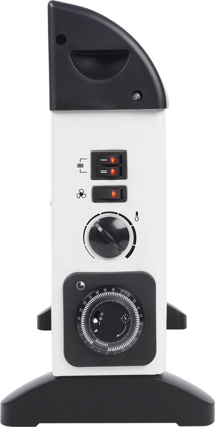 Zijaanzicht van de bedieningsknoppen op een witte Tristar convector kachel. Inclusief twee aan/uit schakelaars, een draaiknop thermostaat en een draaiknop timer.