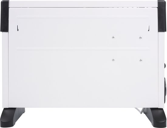Zijaanzicht van een witte Tristar convector kachel met zwarte voetjes en een zwarte, gebogen handgreep aan de bovenzijde.