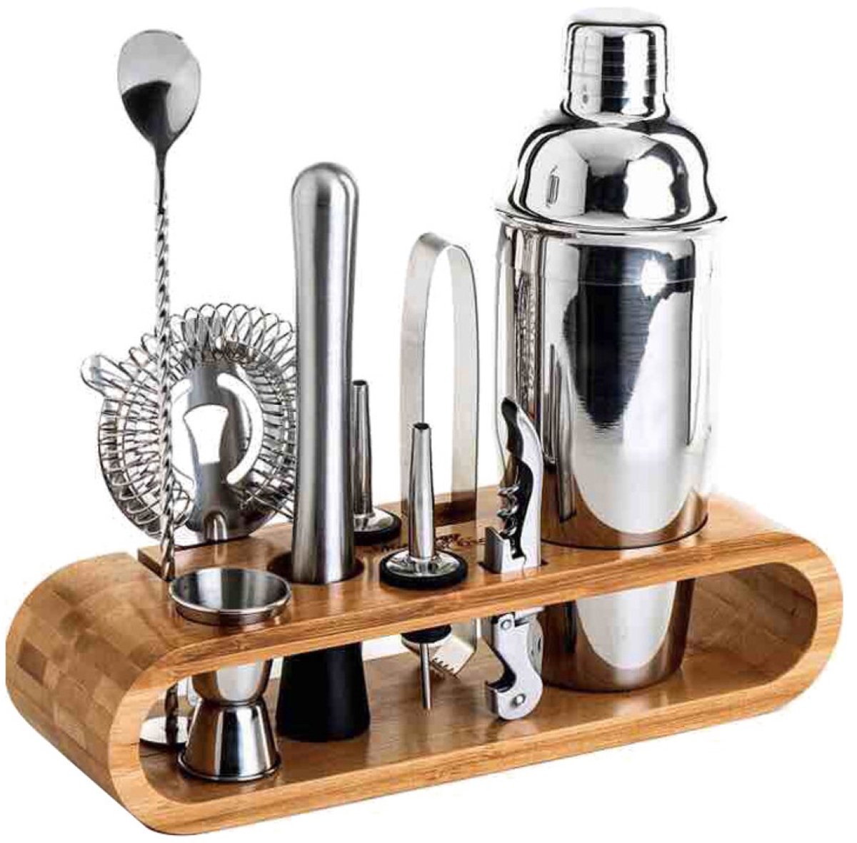 Ceruzo Luxe Cocktailset –RVS Cocktailpakket -Luxe Bamboe Standaard – 10delig