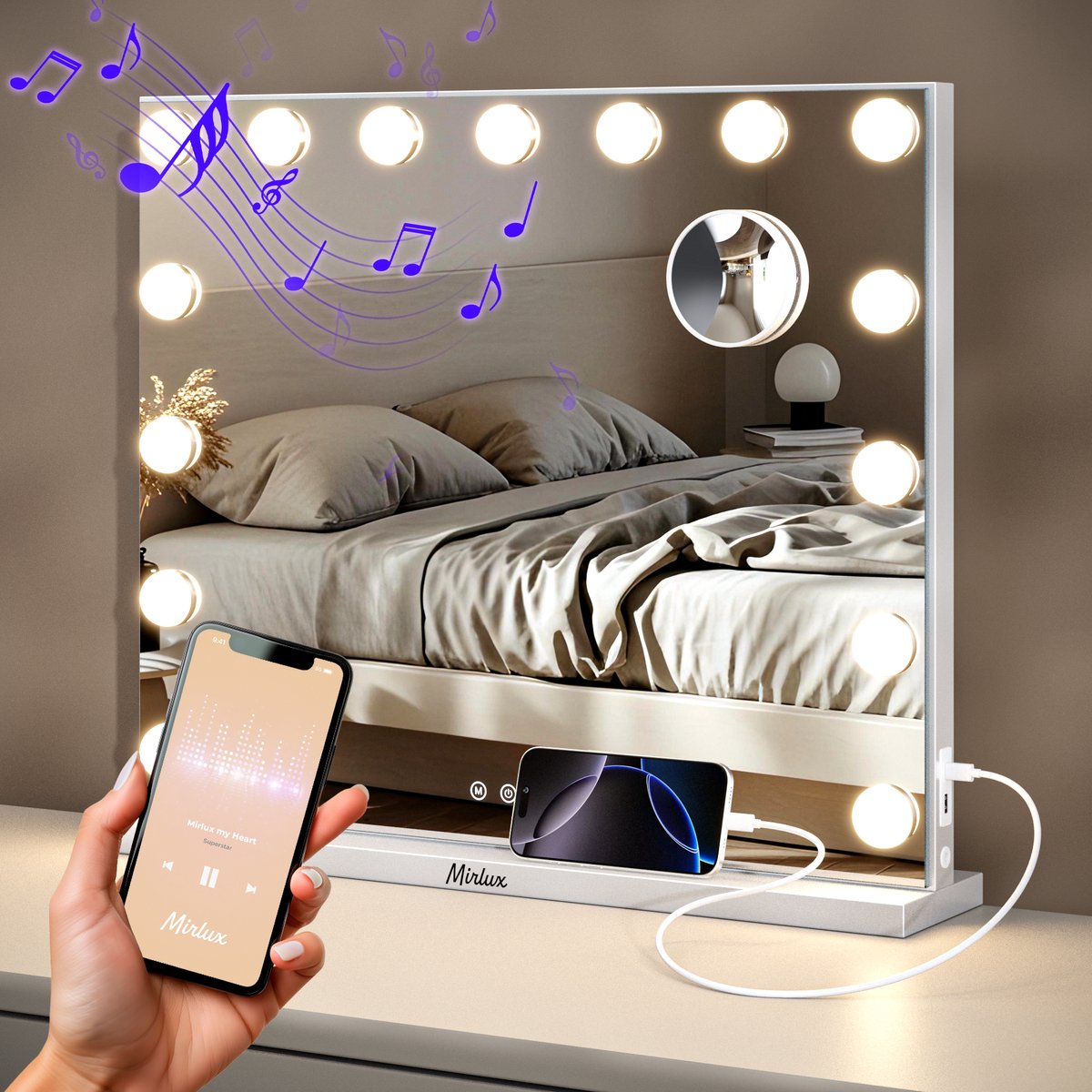 Bol.com Mirlux Hollywood Spiegel 58x48CM - 2 Bluetooth Speakers - USB & USB-C Oplaadporten - LED Verlichting - Make Up Spiegel -... aanbieding