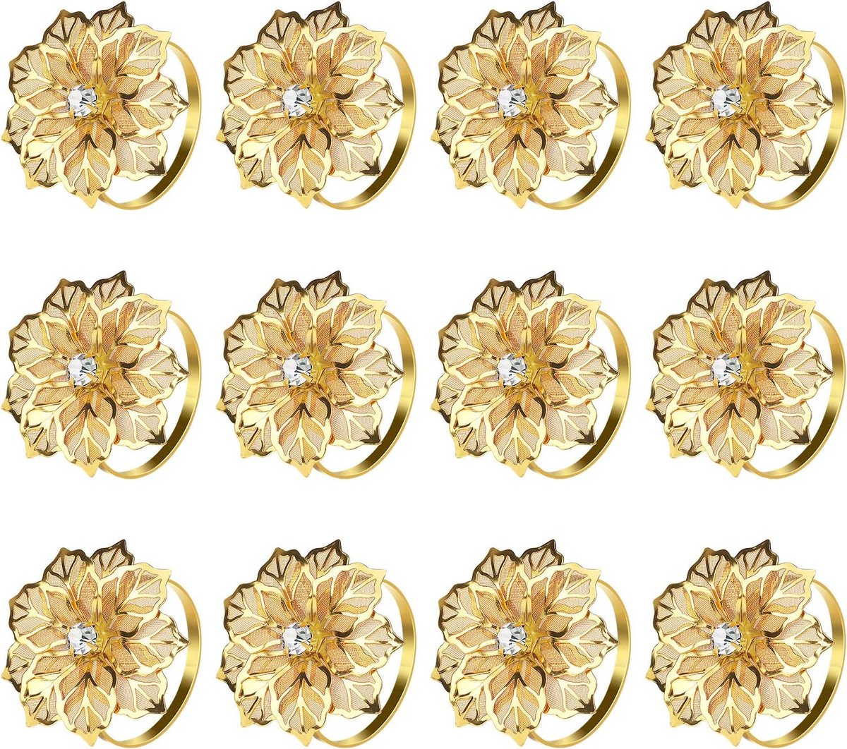 Crrynuo 12 Stuks Gouden Bloem Servetringen - Kristal Servethouders - Luxe Tafeldecoratie - Feestelijke Servetclips Voor Bruiloft Kerst