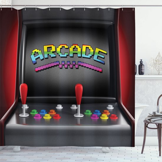 Rideau de douche avec une borne d'arcade rétro affichant le mot 'ARCADE' en style pixel et deux joysticks rouges.
